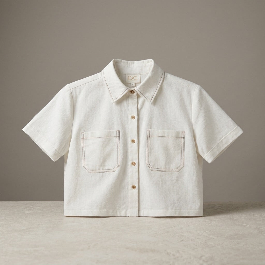 Cielera Cotton Viscose Cropped Short Sleeve Utility Shirt