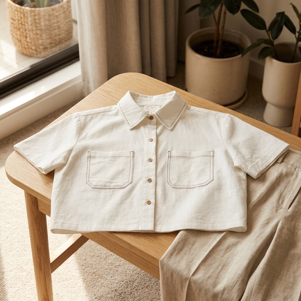 Cielera Cotton Viscose Cropped Short Sleeve Utility Shirt