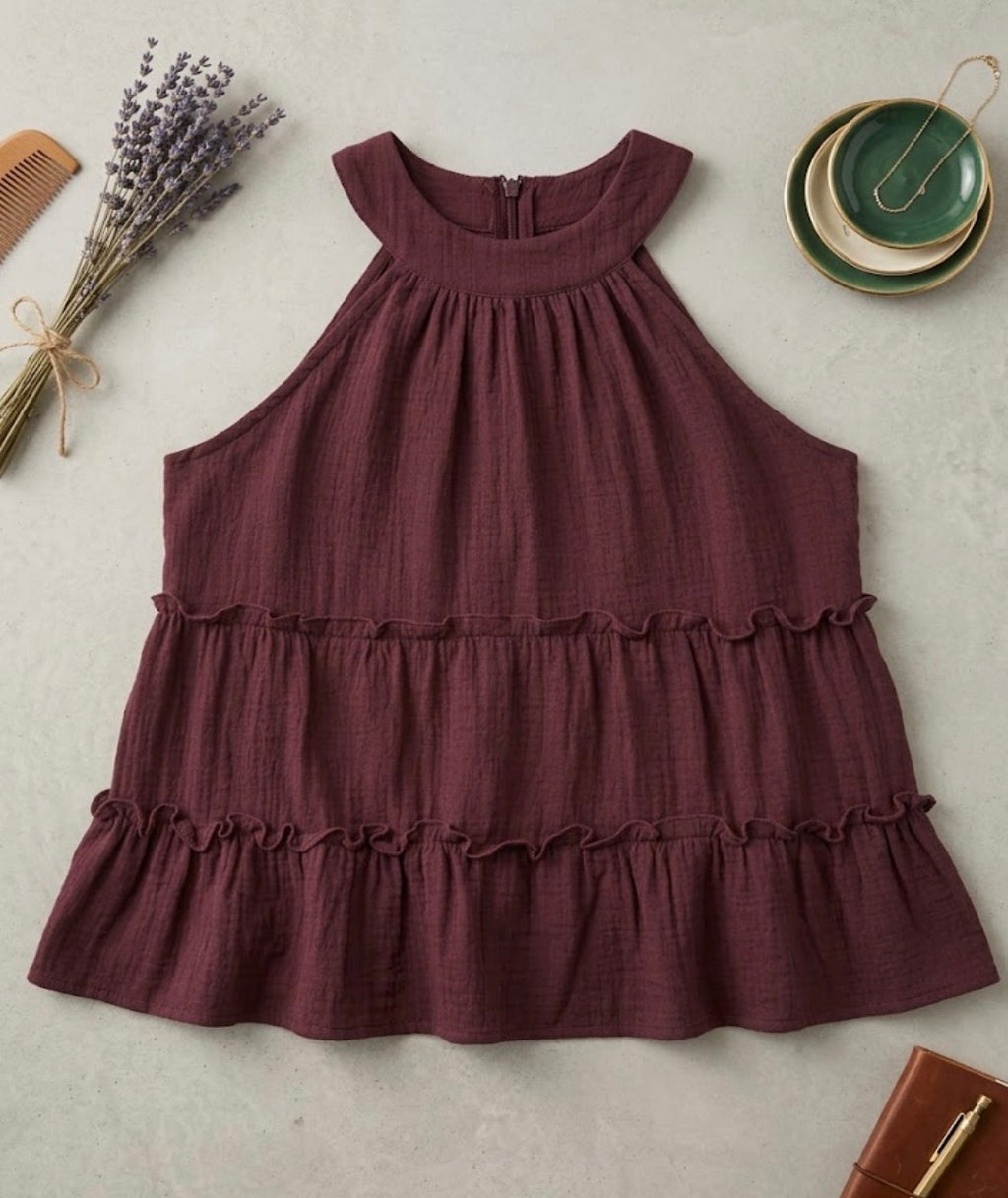 Cielera  Gauze Tiered Halter Ruffle Tank Top - Burgundy/Teal