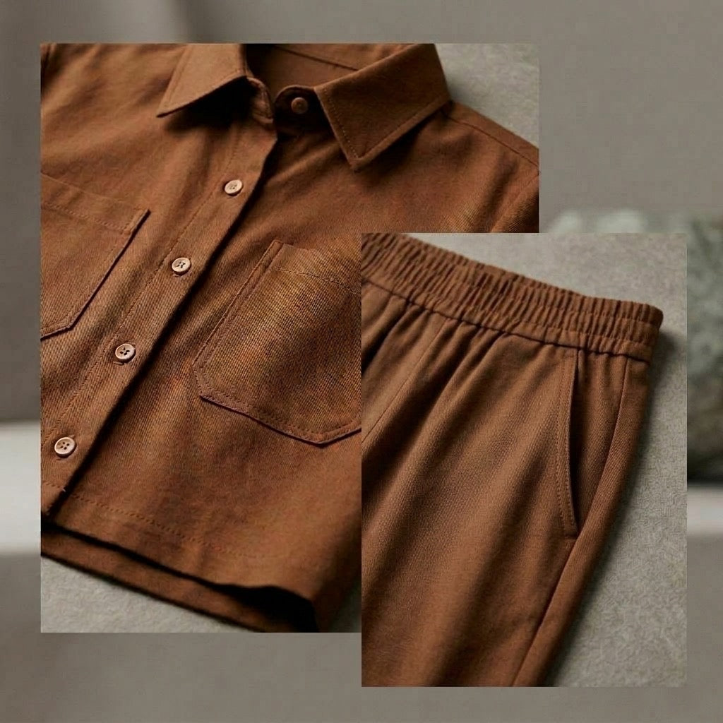 Cielera Cotton Viscose Cropped Short Sleeve Utility Shirt