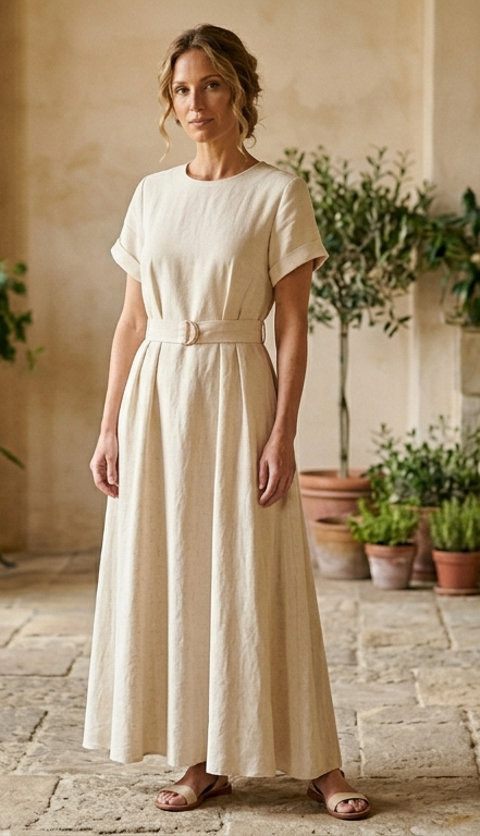 Cielera Tailored Cotton Maxi Dress in Oatmeal