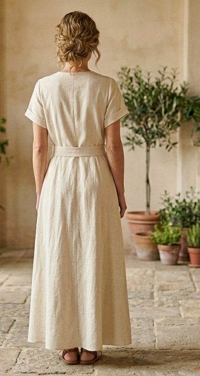 Cielera Tailored Cotton Maxi Dress in Oatmeal