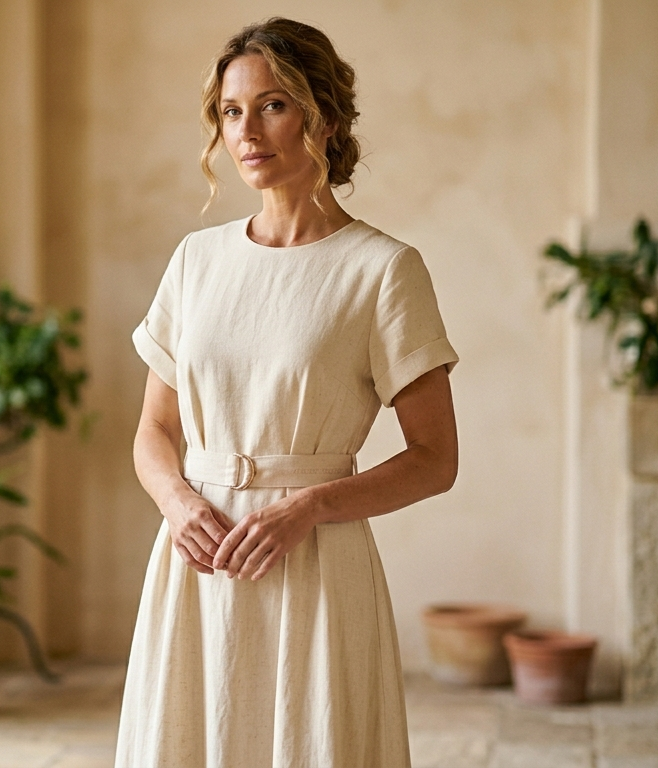 Cielera Tailored Cotton Maxi Dress in Oatmeal