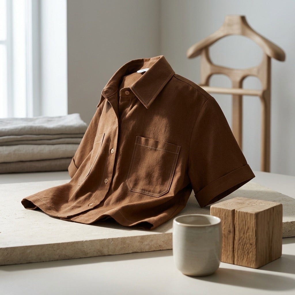 Cielera Cotton Viscose Cropped Short Sleeve Utility Shirt