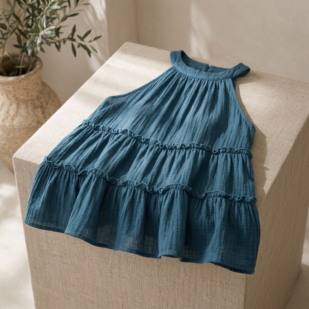 Cielera  Gauze Tiered Halter Ruffle Tank Top - Burgundy/Teal
