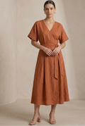 Cielera Terracotta Linen Wrap-Effect Midi Dress