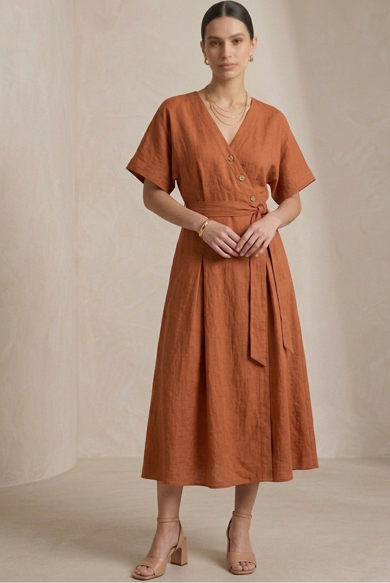 Cielera Terracotta Linen Wrap-Effect Midi Dress