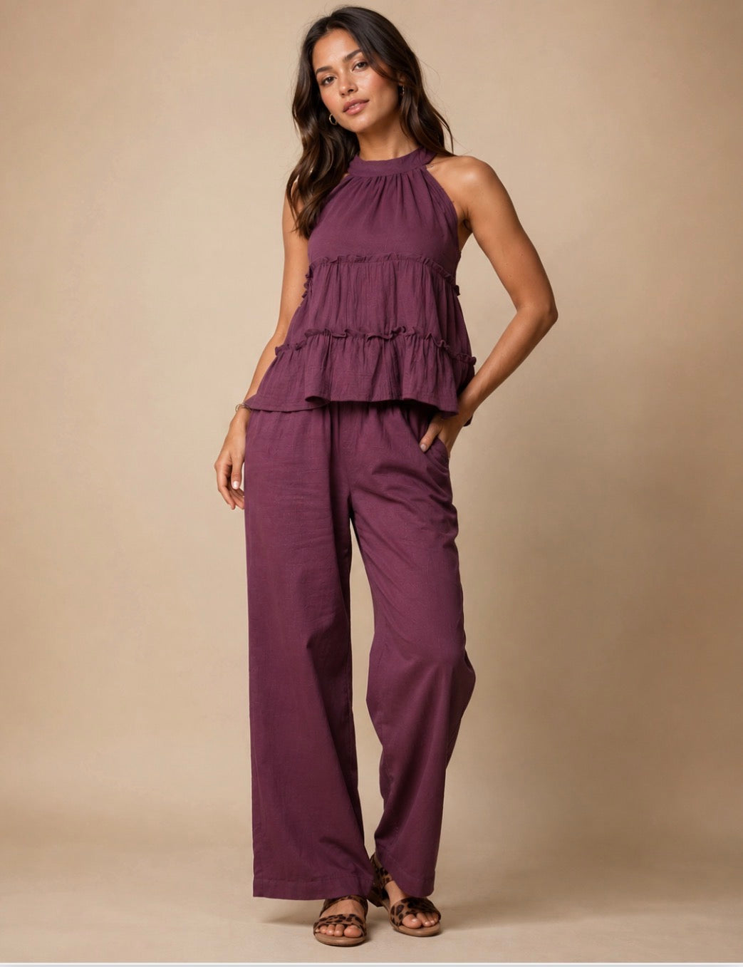 Cielera  Gauze Tiered Halter Ruffle Tank Top - Burgundy/Teal