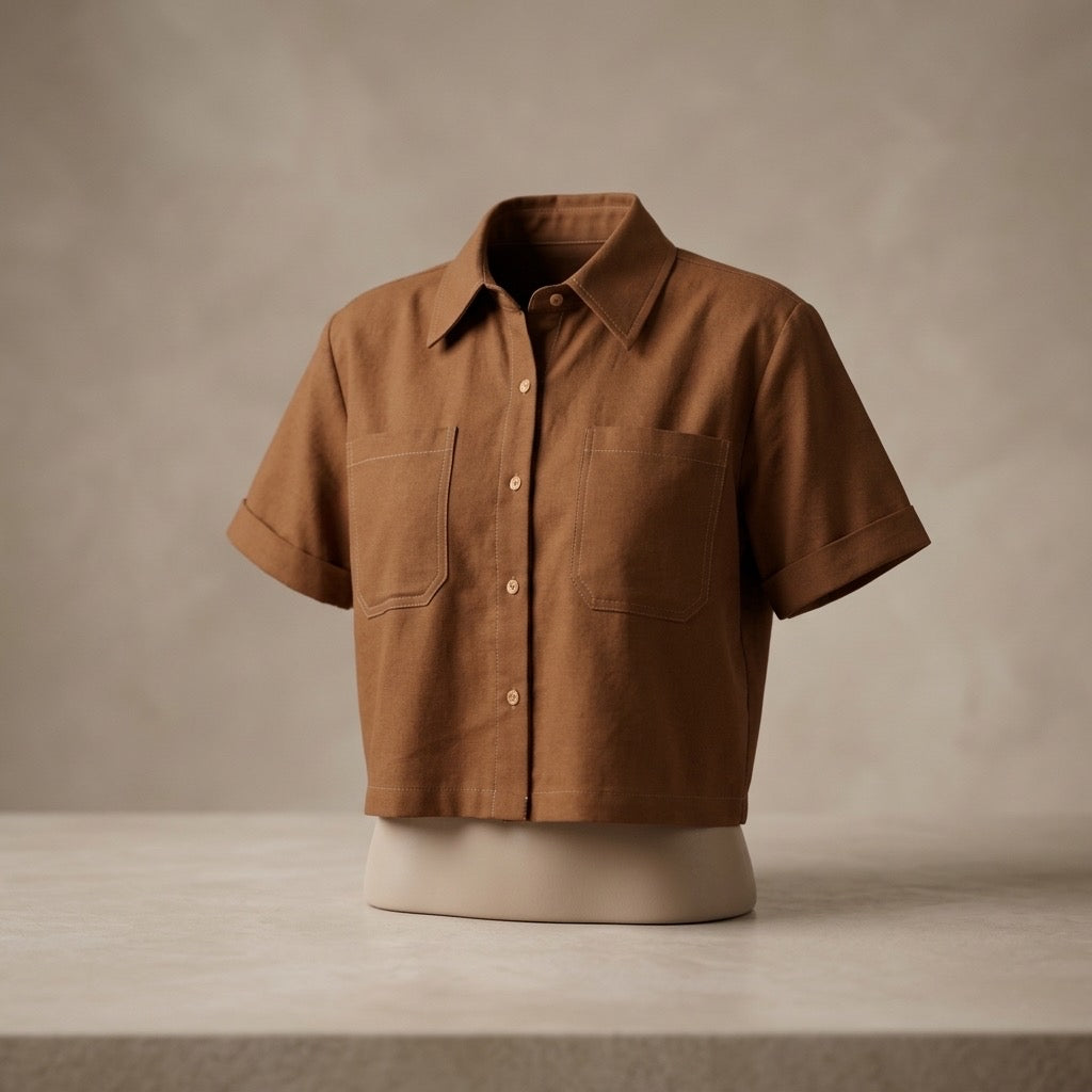Cielera Cotton Viscose Cropped Short Sleeve Utility Shirt