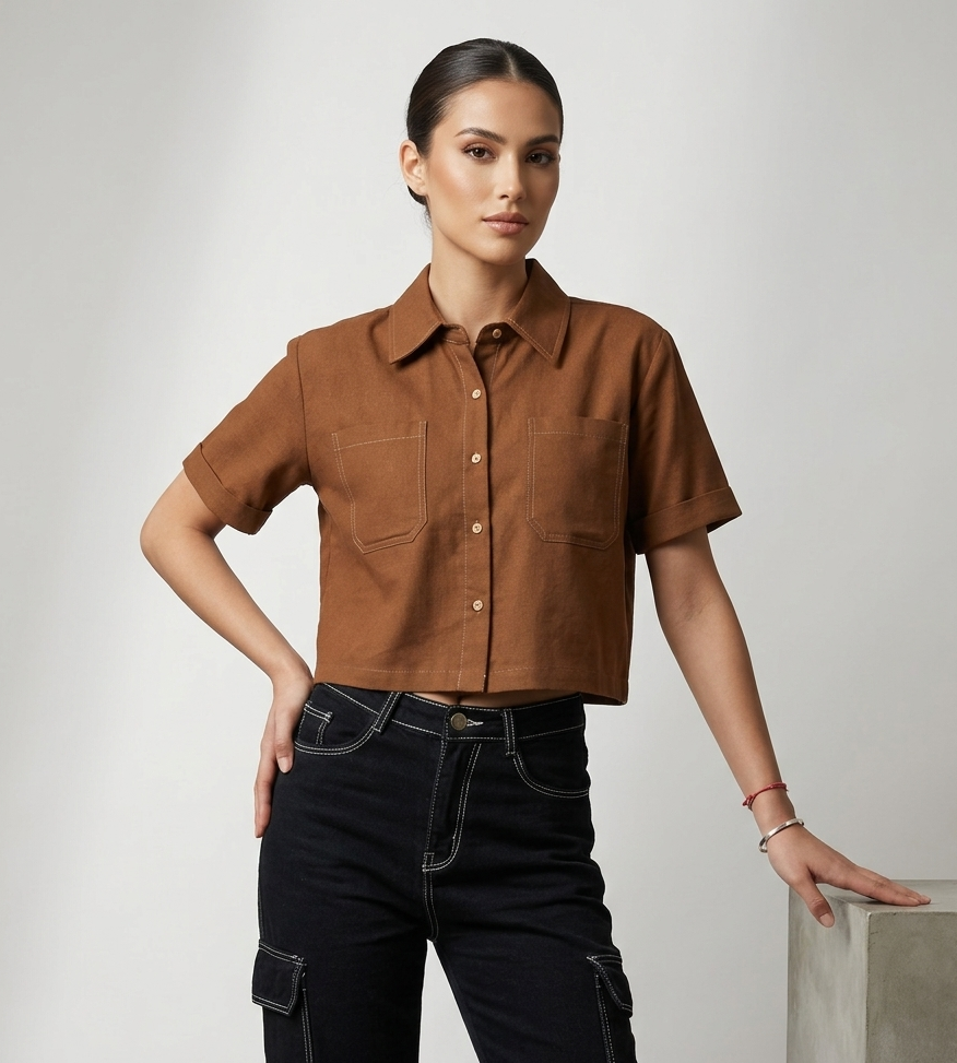 Cielera Cotton Viscose Cropped Short Sleeve Utility Shirt
