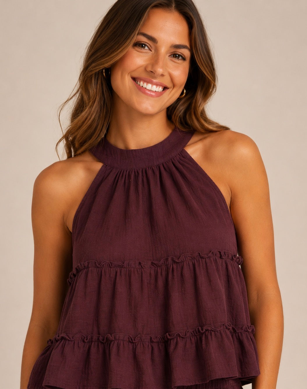 Cielera  Gauze Tiered Halter Ruffle Tank Top - Burgundy/Teal