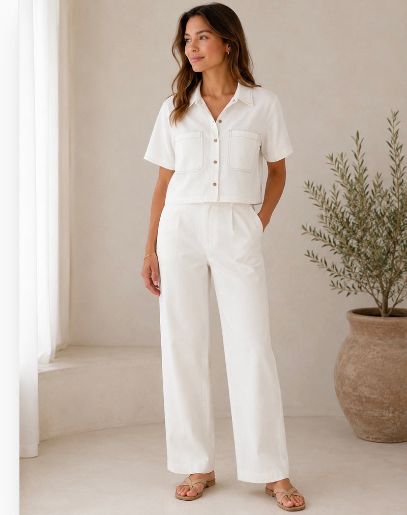 Cielera Cotton Viscose Cropped Short Sleeve Utility Shirt